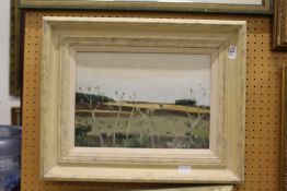 A rural landscape, oil on board, in a painted frame.