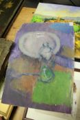 Abstract still life, oil on canvas, unframed and unstretchered.