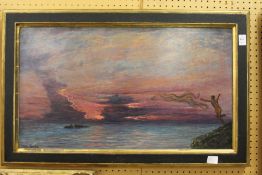 'The Last Throw' a study of a fisherman throwing a net into the sea oil on board, indistinctly