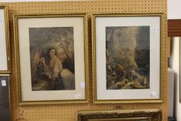 A pair of colour prints depicting figures by a waterfall and a young lady with a love letter,