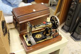 A cased sewing machine.