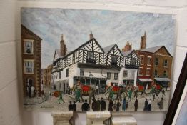 Jan Wasilewski 'Street Scene with a Carnival Procession' oil on canvas, unframed.