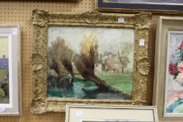 Kirkland Jamieson 'River Landscape with Trees and Buildings Beyond' oil on board, in a decorative