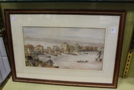 J Taylor 'River Landscape with Buildings and Bridges' watercolour, signed.