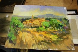 Impressionist school 'French Landscape with Buildings in the Distance' oil on board, unframed.