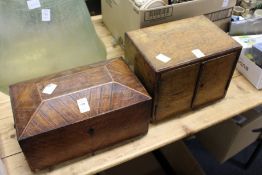 A 19th century tea caddy and a small two drawer cabinet.