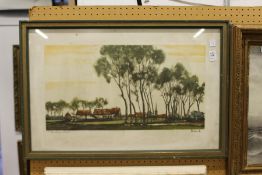 'A Landscape Scene with Trees and a Church Beyond' colour print, signed.