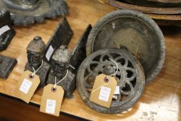A pair of cast iron fire dogs and a cast metal bowl and cover (AF).