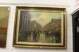 A large continental street scene with cars and figures, oil on canvas, signed.
