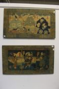 Six Japanese woodblock prints, laid onto board, mounted as a set of two.