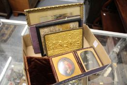 Two early photographs in leather cases and other items.