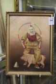 A small painting of a clown and a pig.