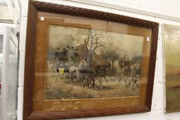 A coaching scene, a large colour print in a carved wood frame.