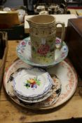Floral decorated plates, an hors d'oeuvres dish, a cabaret tray, a jug and a bowl.