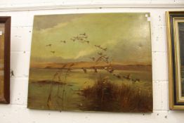 'Ducks in Flight' oil on canvas, unframed.