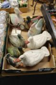 Carved wood and painted models of ducks etc.
