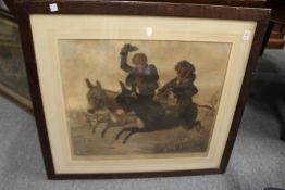 An amusing colour print depicting two children riding donkeys.