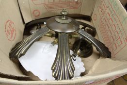 A decorative six light chandelier with alabaster shades.