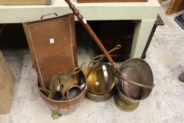A good collection of copper and brassware to include a preserve pan, coal bucket, tankards,