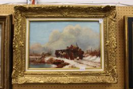 Annie Bannister 'The Loggers Return Home' oil on board, in a decorative gilt frame.