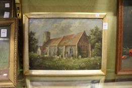 A small oil painting of a church and churchyard.