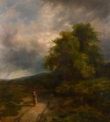 Adams, 19th century school, a mother and child on a country path, with trees and hills beyond, oil