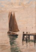 A.W. Higham, A fishing boat leaving a jetty, oil on canvas, signed, 20