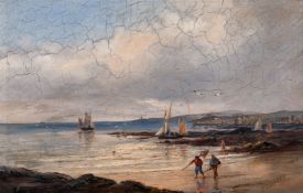 Early 20th century British school, a coastal scene with figures with nets on the beach, boats in the