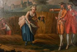 19th century continental school, A scene of figures harvesting with a castle beyond, oil on