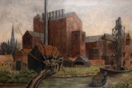 Mary Woodall (1901-1988) British. 'A Norwich Paper Mill', Building on a Riverside with a Cathedral