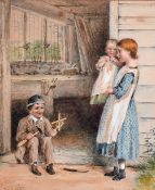 George Goodwin Kilburn (1939-1924) British, a scene of three young children outside a workshop,