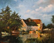 Betty Raphael (20th century), Hambleden Mill, A scene of boats on a river before mill buildings, oil