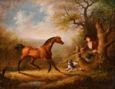 G. W. Thrip, a scene of a man and his dog with a wild horse, oil on panel, signed, 8