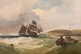 19th century school, fishing boats at work with a distant sailboat near a coastal landscape, oil