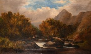 Truscott, British school, circa 1885, A scene of anglers on a moorland river, oil on canvas, signed,