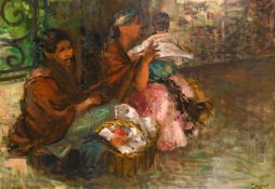 Moya Cozens (1920-1990) Jamaican, A scene of a family group seated at a roadside, oil on board,