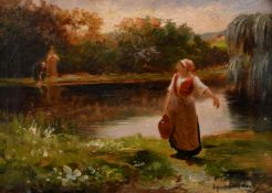 Late 19th century French school, Washerwoman collecting water, oil on canvas, indistinctly signed '