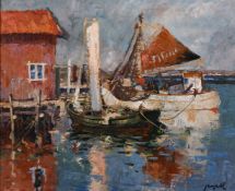 Early 20th century school, possibly Scandinavian?, Fishing boats moored at a jetty, oil on board,