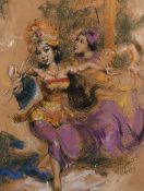 Balinese school, a scene of two female dancers in traditional costume, pastel, and pencil in a