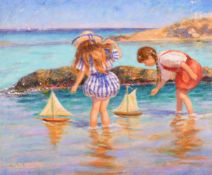 20th century continental school, A scene of young girls floating boats in a cove, oil on canvas,