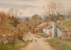 Charles James Adams (1959-1931) British, figures by a cottage, with sheep in the foreground,