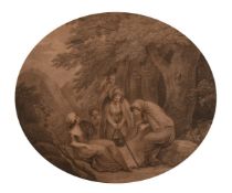 18th century scene of figures cooking around a campfire, print, verre eglomise frame, 12