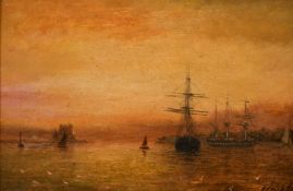 William Adolphus Knell (1801-1875) British, shipping in a coastal landscape at dusk, oil on board,