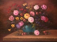 20th century continental school, A still life of mixed flowers in a blue vase, oil on card,