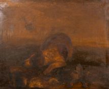 19th century school, a dog resting by gamebirds, oil on canvas, inscribed verso, 21