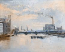 Michael Browne (b.1930) New Zealand/British, A view of the Thames with barges and a bridge, oil on