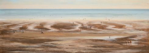 Warner Cook (1916/1987) British, a scene of figures on a beach, oil on board, signed and dated '