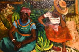 Moya Cozens (1920-1990) Jamaican, Two female figures sat amongst banana plants, oil on board,