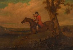 19th century English school. A huntsman on horseback clearing a hedge, oil on canvas, inscribed