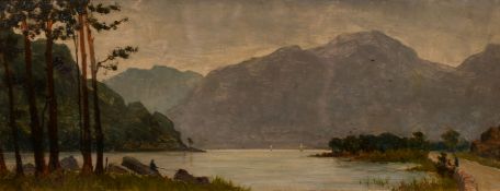 Manner of Sydney Richard Percy. A loch scene with fishermen and figures on a path, oil on panel,